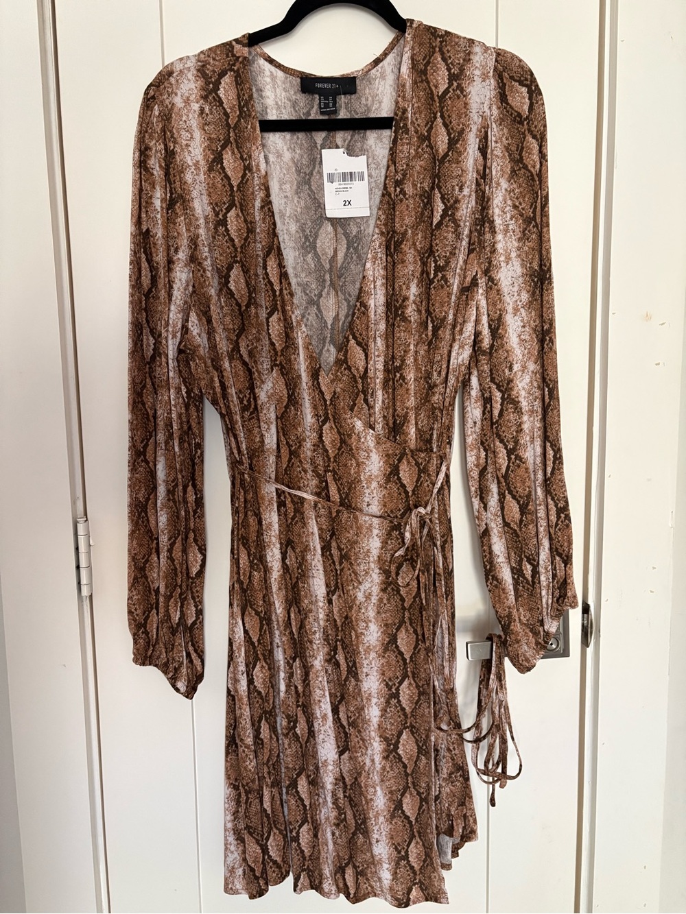 Forever 21 Brown Faux-Snake Print Long Sleeve Wrap Dress